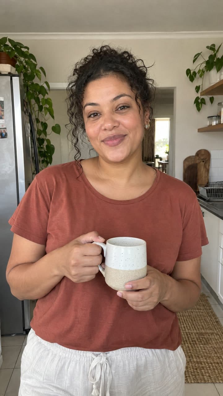 Illustrative AI-generated Cape Town kitchen scene, woman holding a mug