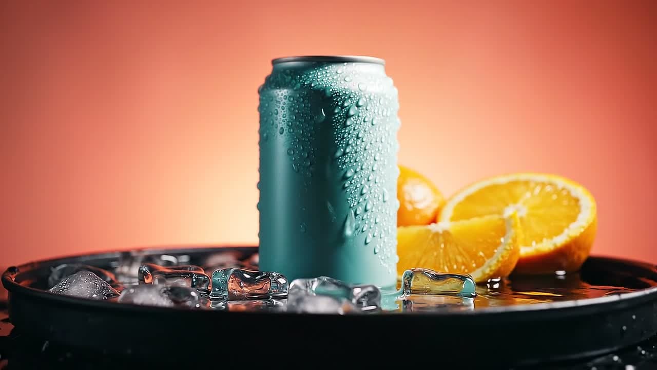 AI-generated drinks product concept: Cold condensation, crisp ice and bright citrus. The anticipation of a refreshing first sip.